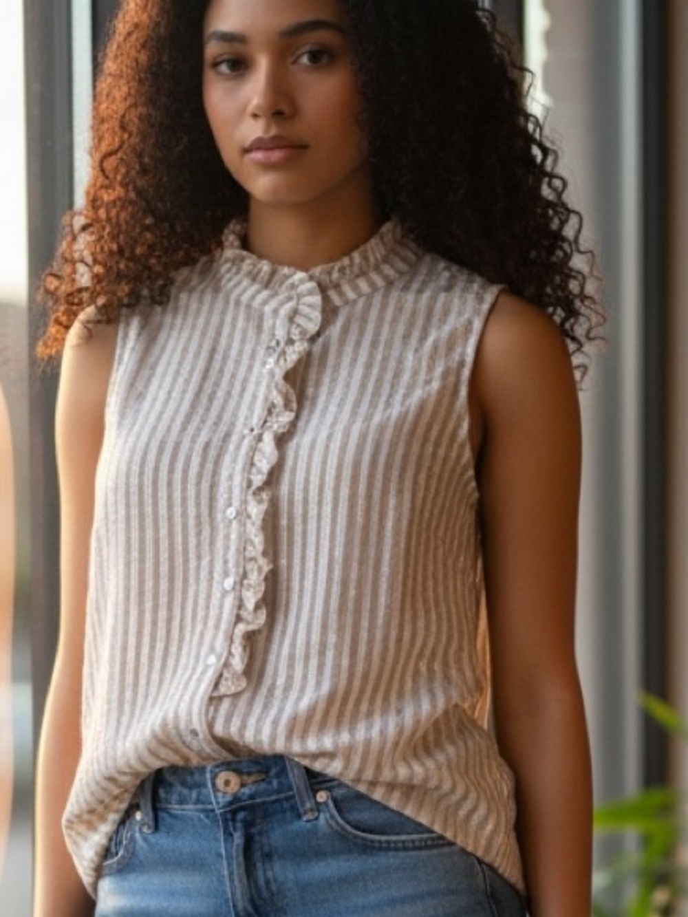Talbots Light Tan and White Striped Sleeveless Ruffle-Front Shirt